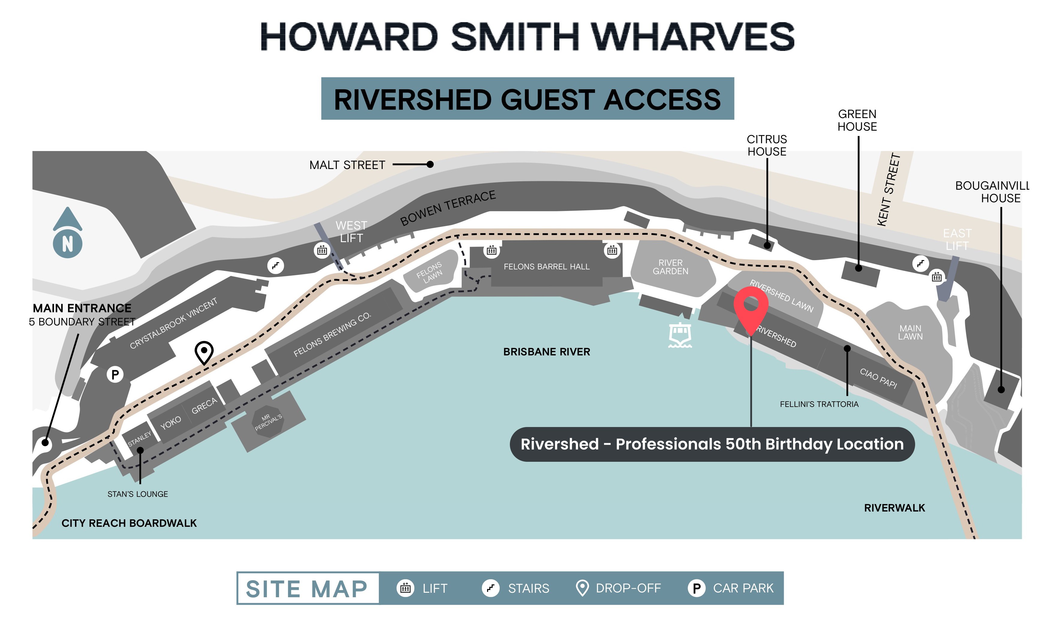 Rivershed Guest Access Map, Howard Smith Wharves. Rivershed - Professionals 50th Birthday Location